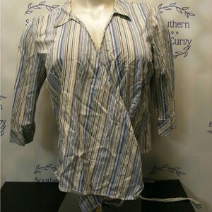 Covington Woman Wrap Blouse, Collared Neck, Cuffed Sleeves Stripes Size 16/18